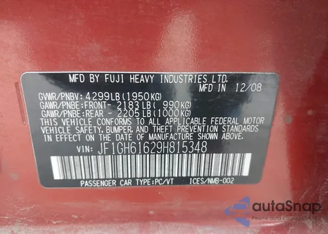 2009 Subaru Impreza 2.5I z USA, uszkodzony, nr VIN JF1GH61629H815348